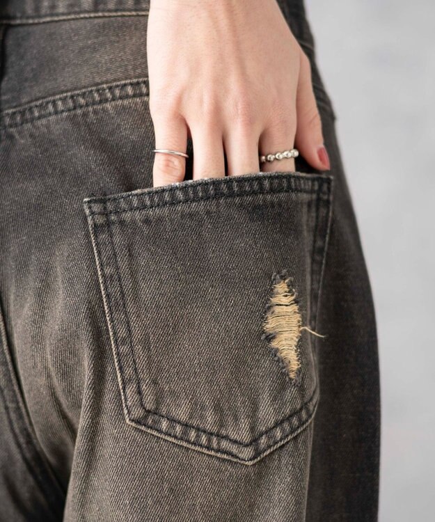 WEGO ヴィンテージウォッシュダメージデニムパンツ ブラック中濃色