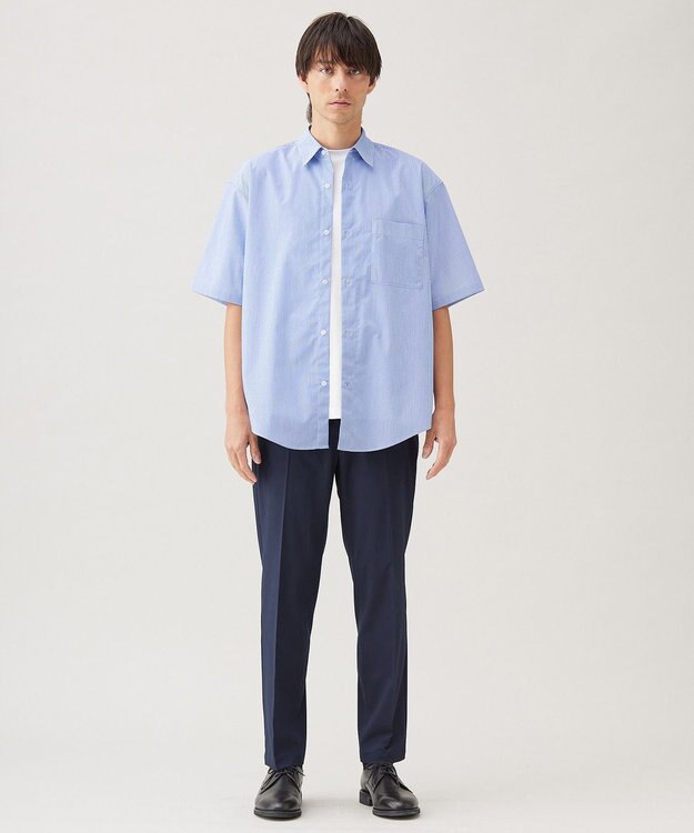 UNFILO MENS コットンライク 半袖シャツ【ギフトにもおすすめ】 ブルーストライプ