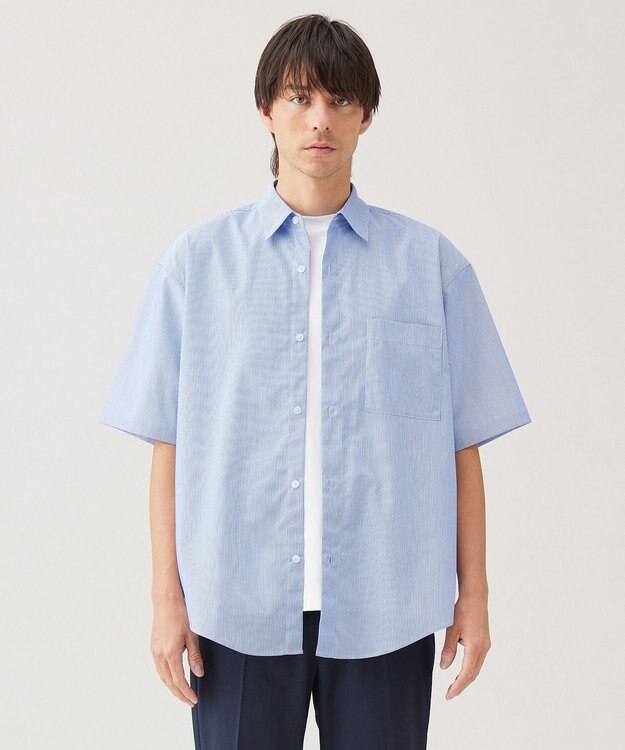 UNFILO MENS コットンライク 半袖シャツ【ギフトにもおすすめ】 ブルーストライプ