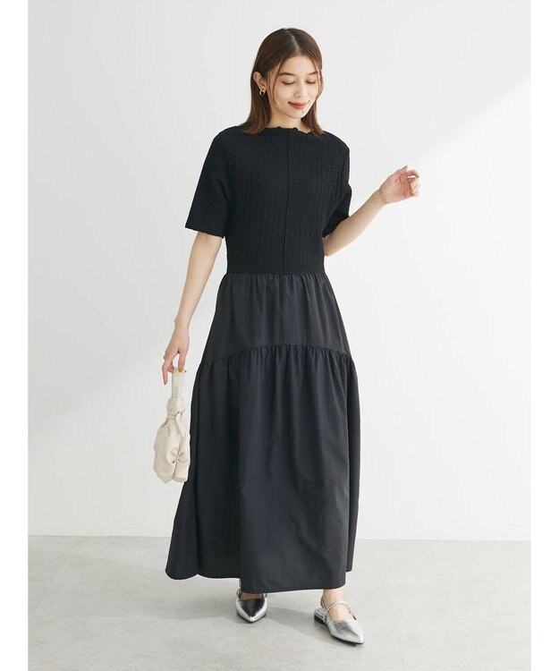 Green Parks しぼドッキングワンピース Black