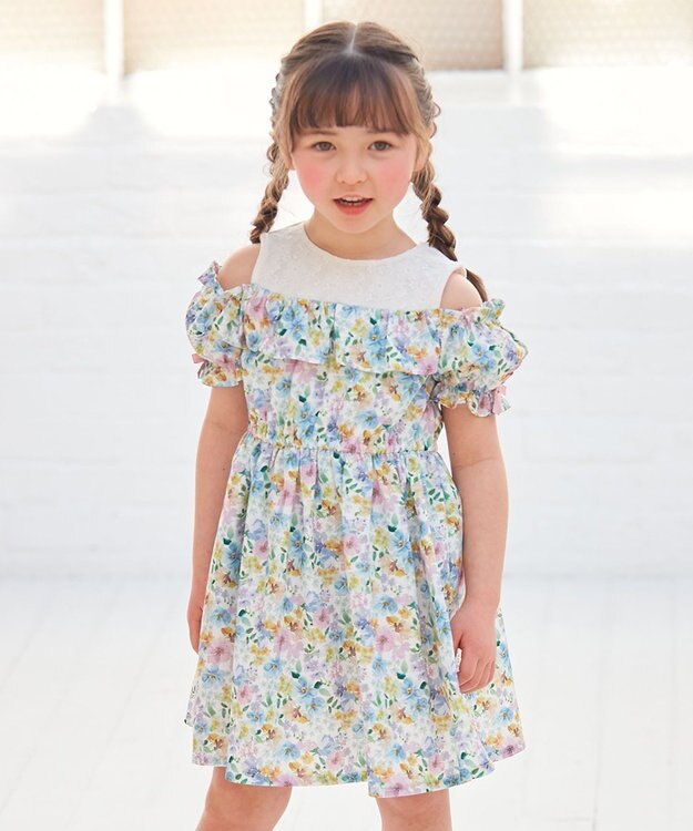 ANY KIDS オンオフショルダー ガーリー ワンピース ホワイト系花柄