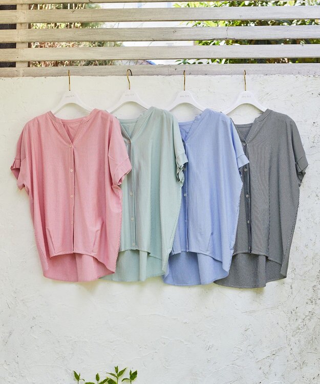 ANY SIS シルケットストライプ スキッパー カットソー ブルーストライプ