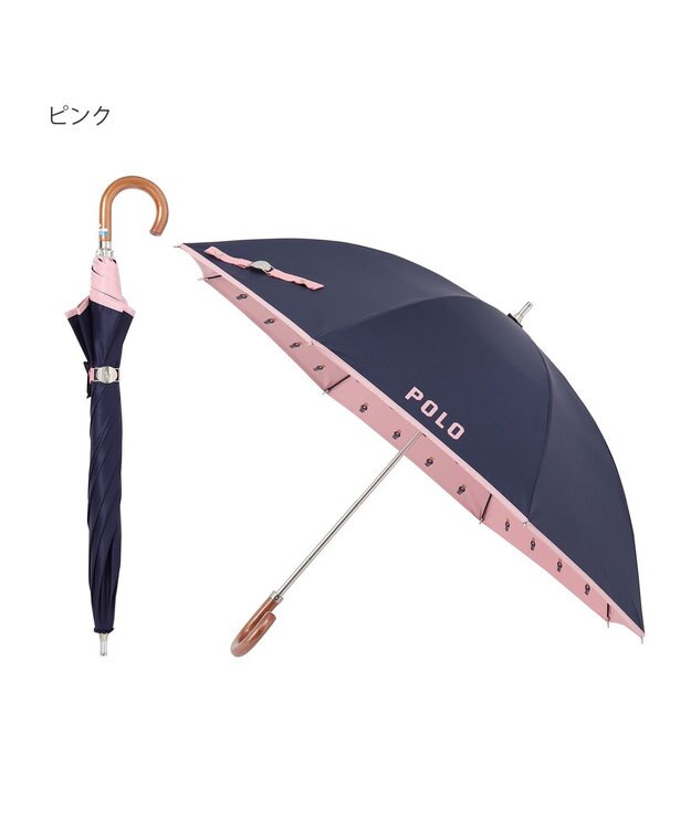 MOONBAT POLO RALPH LAUREN 晴雨兼用日傘 長傘 ポロベアプリント／一級遮光 遮熱 UV ネイビー×ピンク＆ベアＰｔ