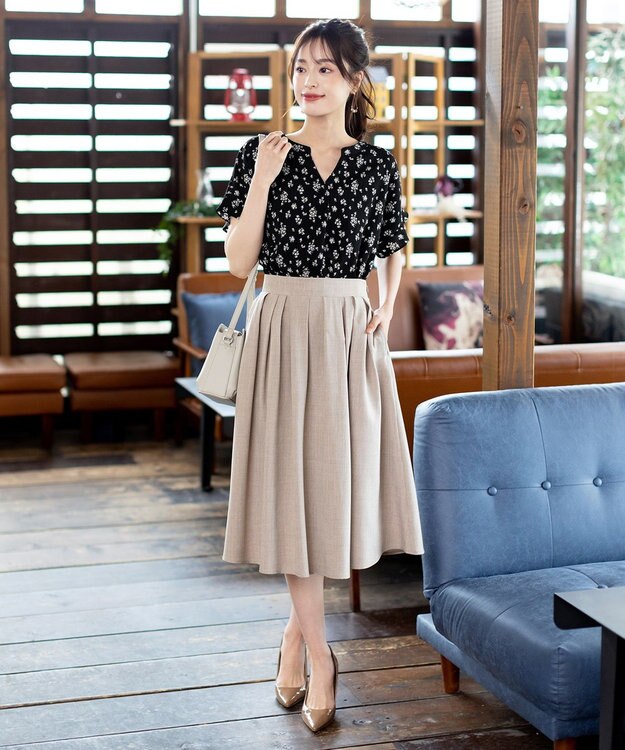 Tiaclasse 【洗える】体型カバーも叶う麻調フレアタックスカート モカ