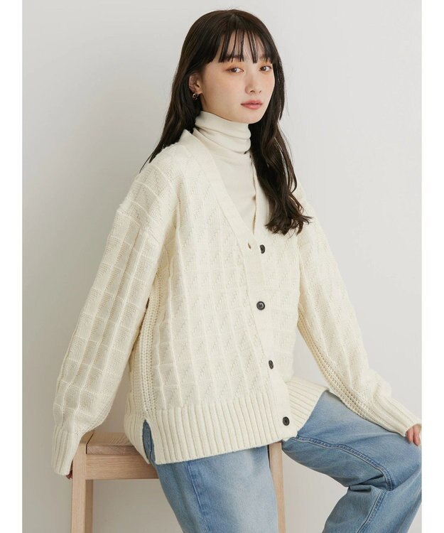 AMERICAN HOLIC スクエア柄Ｖネックニットカーディガン Ivory