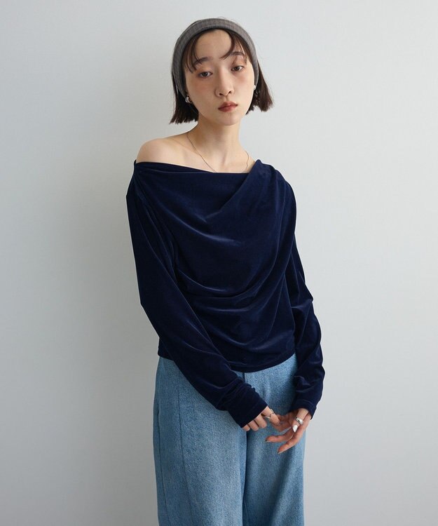 Green Parks シアーベロアオフショル長袖プルオーバー Navy