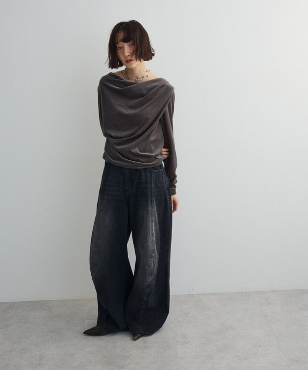 Green Parks シアーベロアオフショル長袖プルオーバー Gray