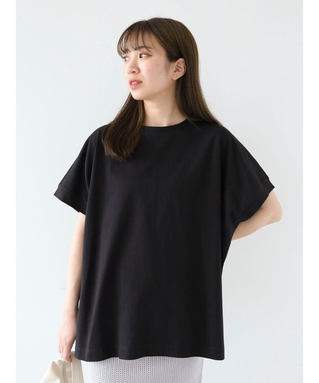 Green Parks インド綿 フレンチスリーブ前後差カットプルオーバー Black