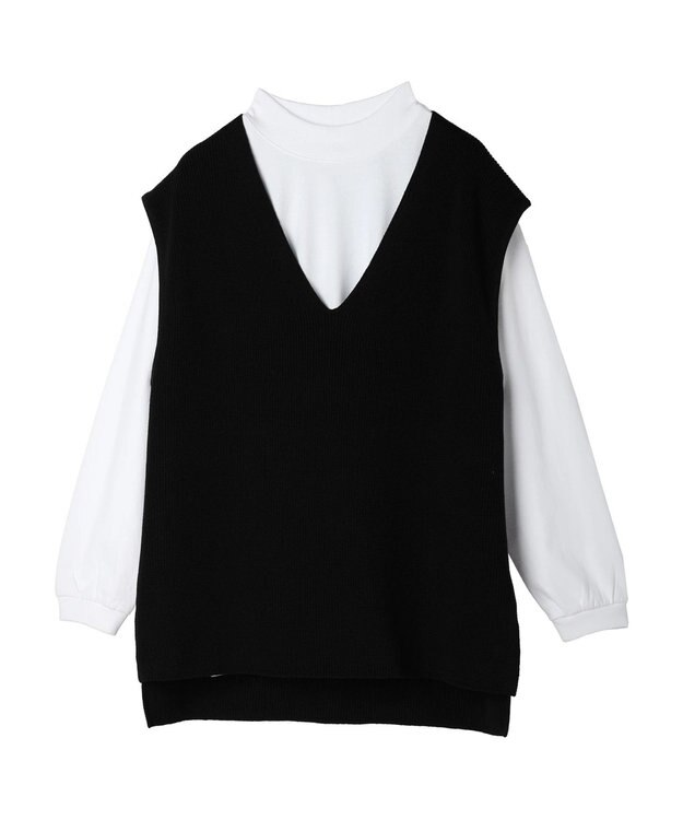 CRAFT STANDARD BOUTIQUE 【2点セット】洗える 60/2 14G片畦Vネックベスト+ロンTEE SET Black