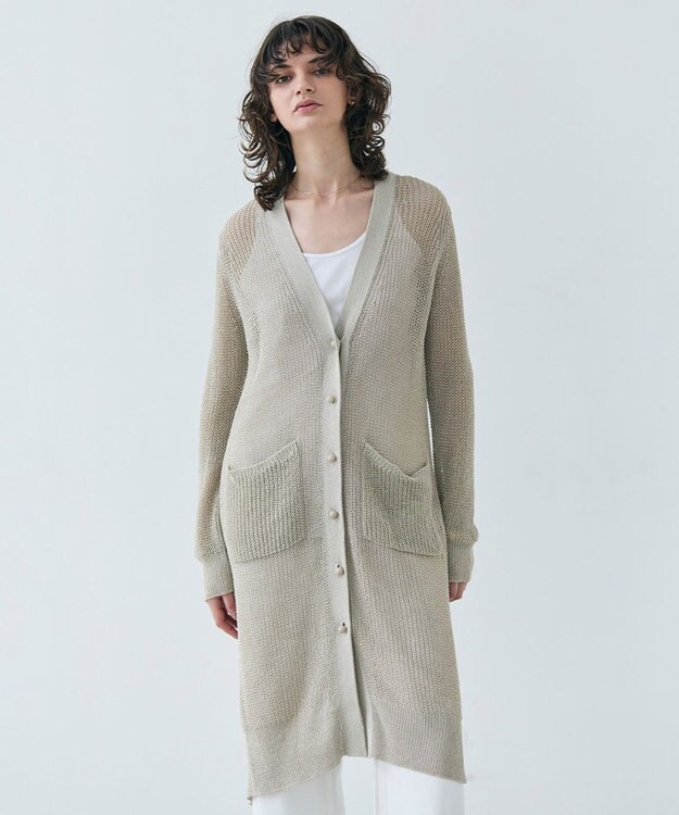 BEIGE， 【洗える】OPTICAL / ペーパーヤーンVネックロングカーディガン Flax