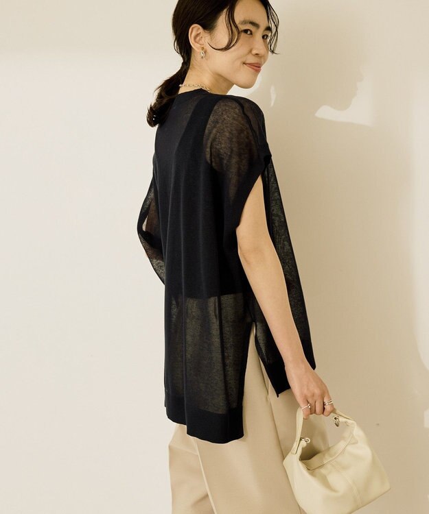 AMERICAN HOLIC ウォッシャブルシアーニットフレンチスリーブトップス Navy