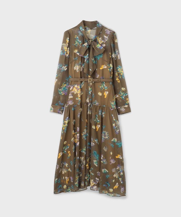 GRACE CONTINENTAL フラワープリントボウタイ付ワンピース ブラウン
