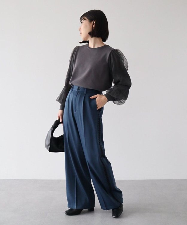 Green Parks 袖チュールマジョリカドッキングニットプルオーバー Gray