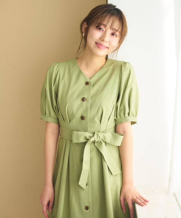 Feroux 【洗える】パフスリーブシャツ ワンピース グリーン系