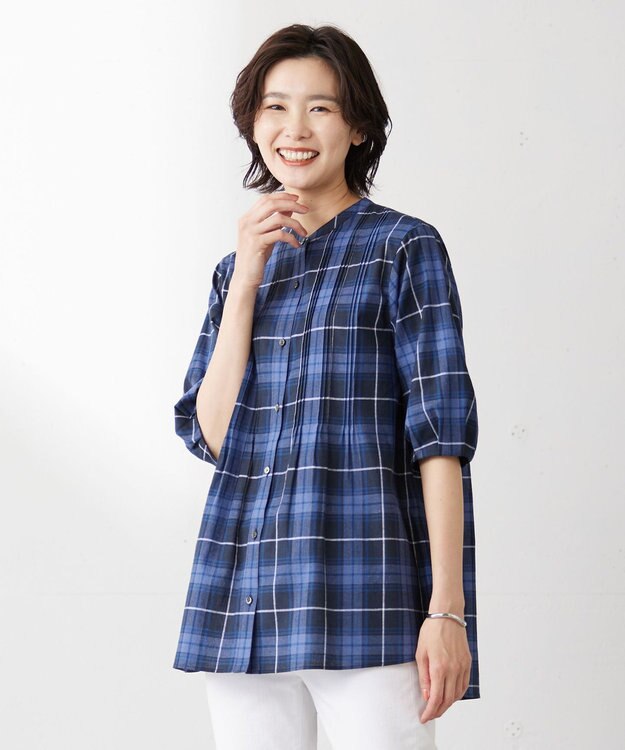 J.PRESS LADIES L 【洗える】モデレートマドラス バンドカラー ピンタック ブラウス ネイビー系3