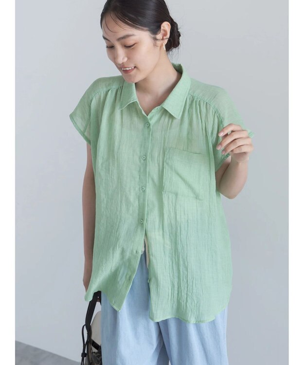 Te chichi 【7色展開】シャンブレーボイルフレンチスリーブシャツ グリーン