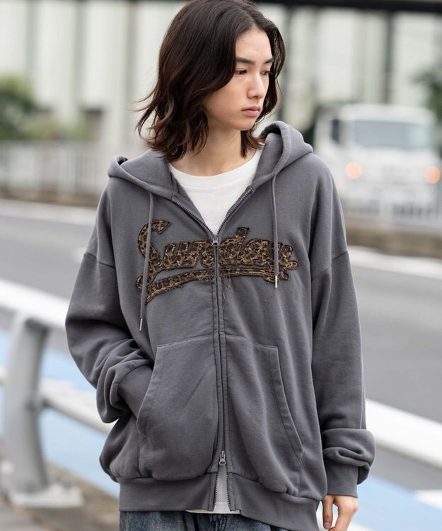 WEGO 【ユニセックス着用ITEM/SMLサイズ展開】レオパードワッペンダブルZIPパーカー スミクロ