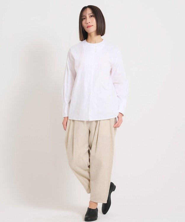 muuc 〈軽やかな尾州産リネンウール〉スラックスパンツ  　ロングシーズン 秋冬春 後ろウエストゴム有り ゆったりシルエット セットアップ可能  裏地有り ベージュ