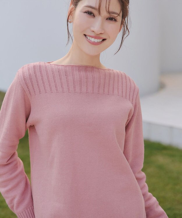 Tiaclasse 綿混リブ使いボートネックニットプルオーバー ピンク