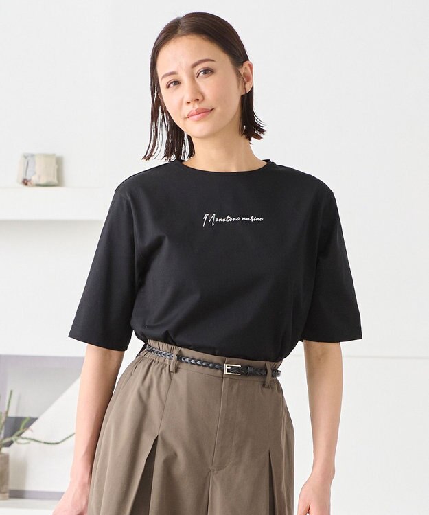 自由区 L 【洗える】Marine半袖 ロゴTシャツ ブラック×オフ刺繍