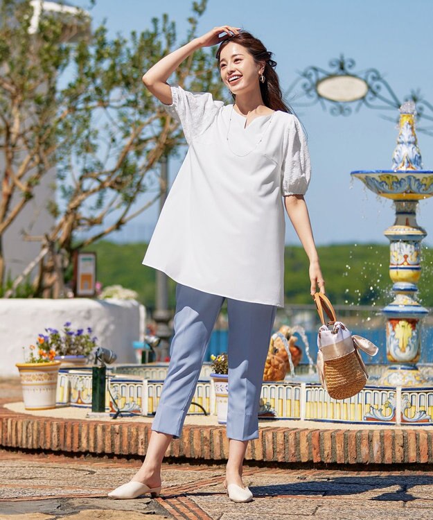 Tiaclasse 【洗える】スリットテーパードパンツ ブルー