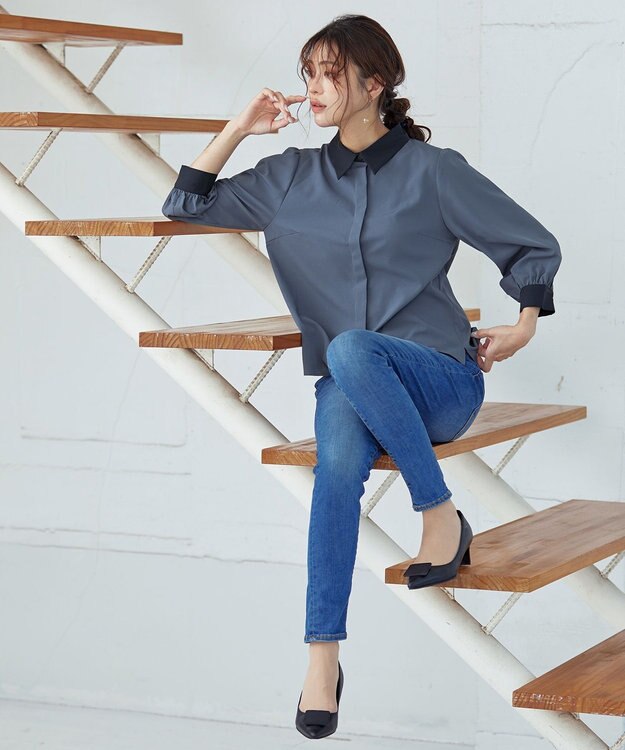 Tiaclasse 【洗える】配色パフスリーブシャツブラウス ブルー