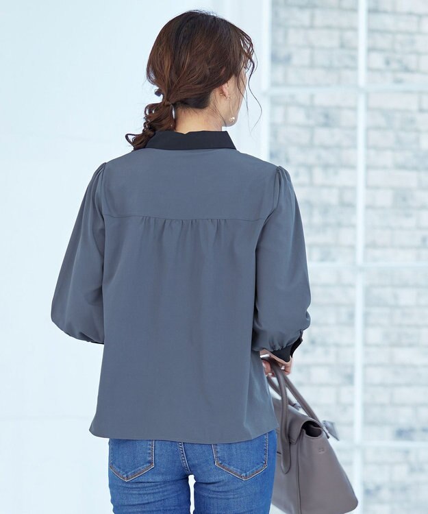 Tiaclasse 【洗える】配色パフスリーブシャツブラウス ブルー