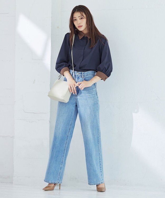 Tiaclasse 【洗える】配色パフスリーブシャツブラウス ネイビー