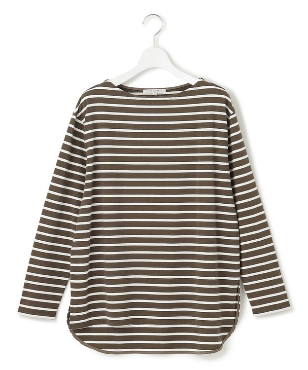 23区 【SLOW/一部店舗限定】ギザコットンボーダー ボートネックカットソー モカxオフホワイトボーダー