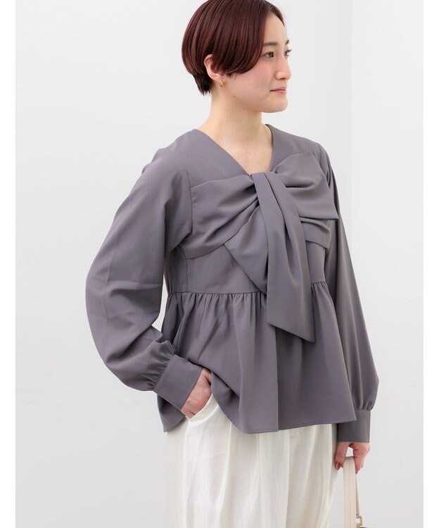 Te chichi リボンディテールペプラムブラウス チャコールグレー