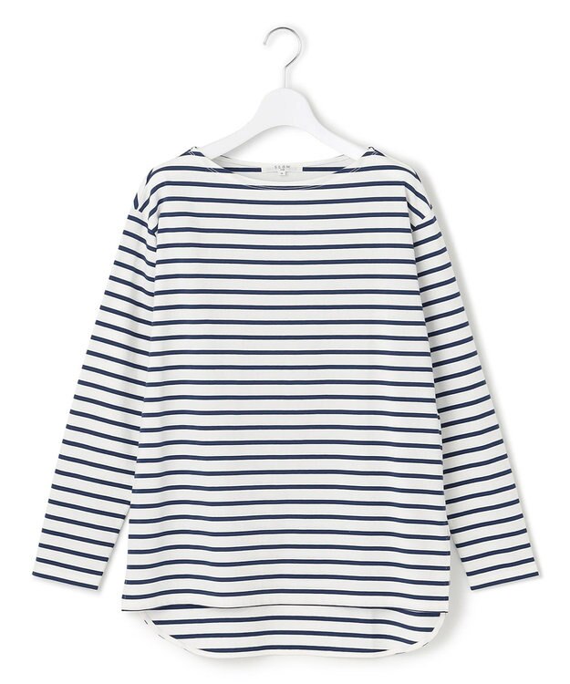 23区 【SLOW/一部店舗限定】ギザコットンボーダー ボートネックカットソー オフホワイトxブルーボーダー