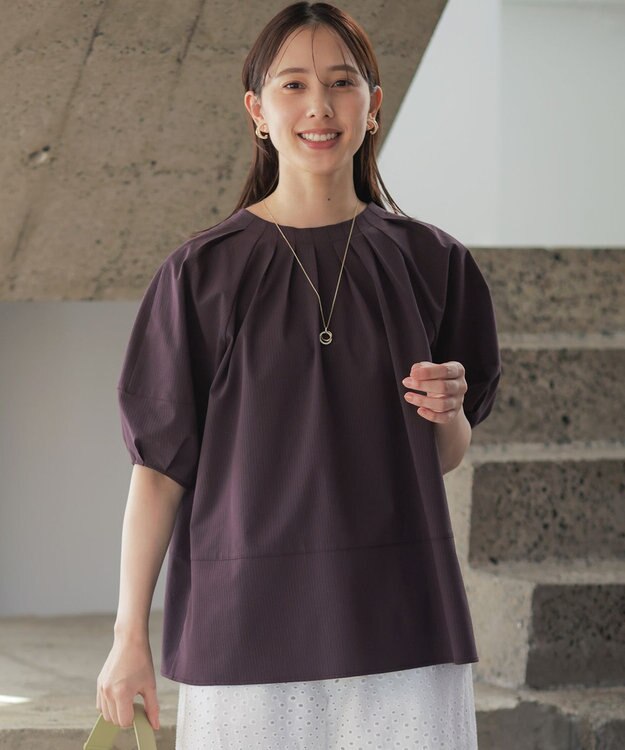 組曲 【先行予約・前後着用可】ソフトサッカーラグランスリーブ ブラウス マロン系