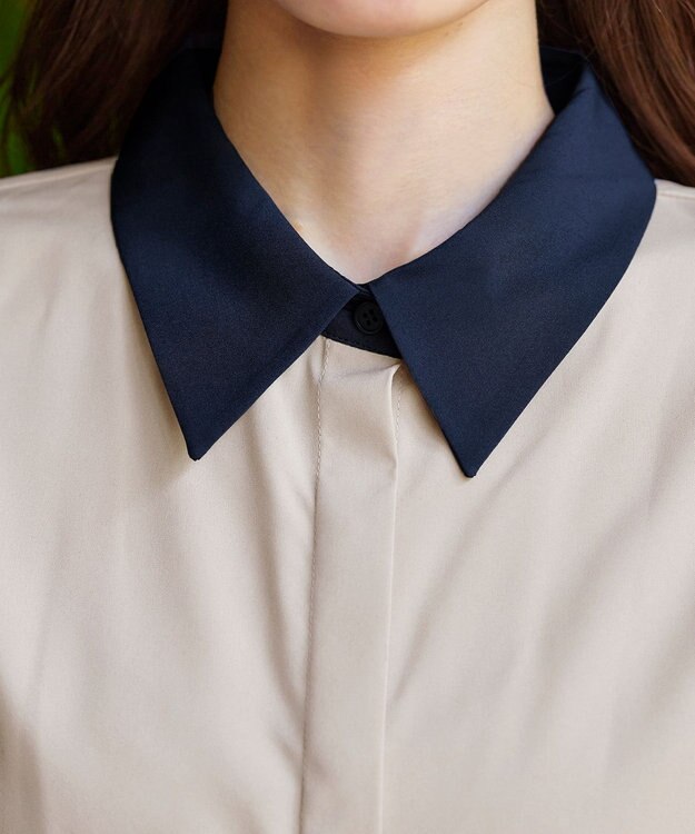 Tiaclasse 【洗える】配色パフスリーブシャツブラウス グレージュ