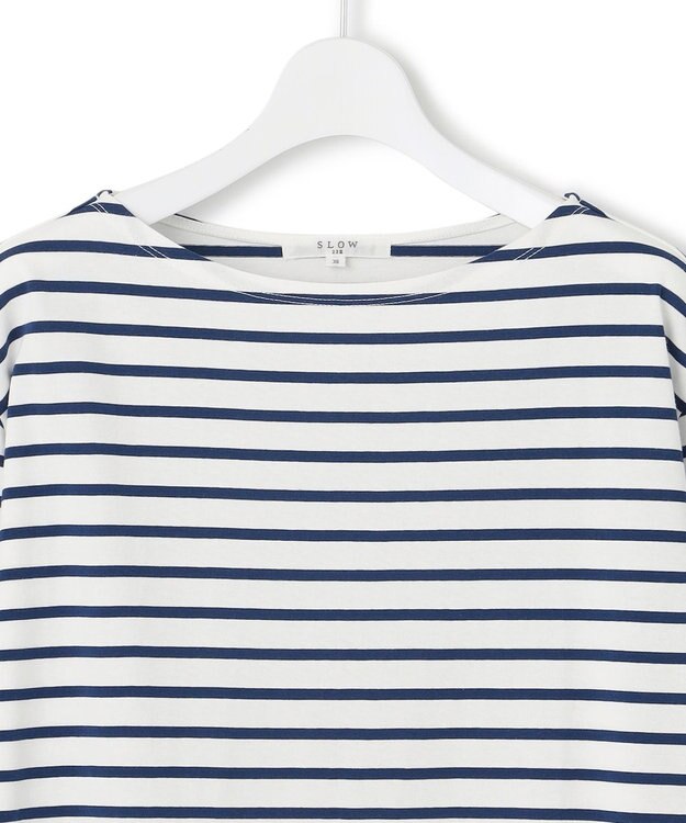 23区 【SLOW/一部店舗限定】ギザコットンボーダー ボートネックカットソー オフホワイトxブルーボーダー