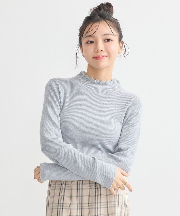 earth music&ecology レーシーハイネックリブプルオーバー Gray Mixture