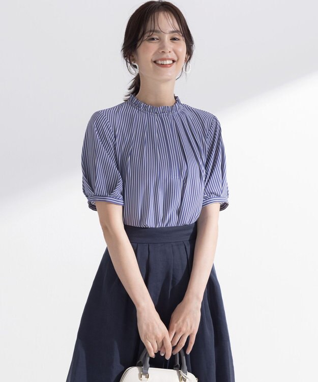 組曲 ライトデシンフリル襟 ブラウス ブルーストライプ系1