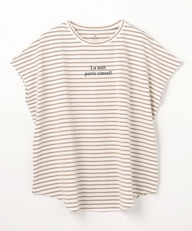 ANY ANYファンクションワイドフレンチスリーブTシャツ オフ×ベージュボーダー
