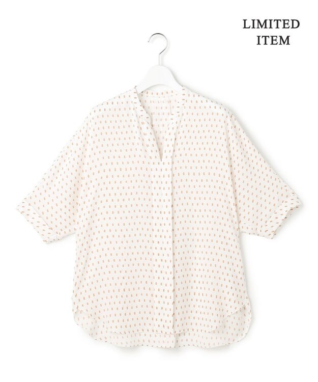 ICB L 【新色追加・WEB限定】BackSatinAmunzen 5分袖キーネックブラウス オフホワイト×ドット柄