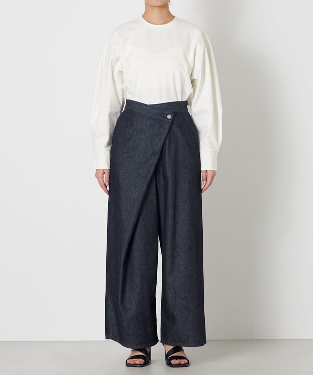 NAVE 【ReNave・セットアップ可/洗える】マーセライズデニム ラップワイドパンツ ネイビー系