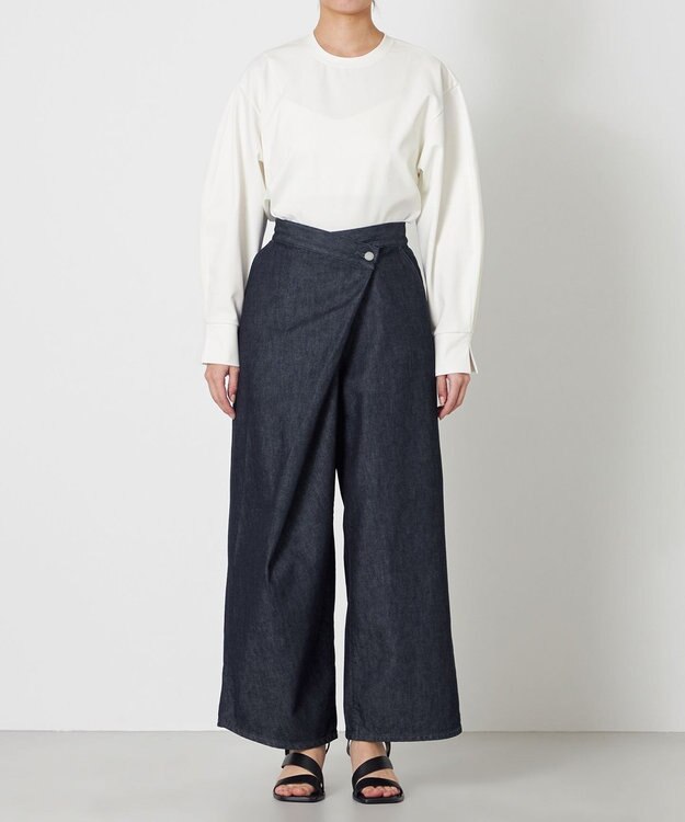 NAVE 【ReNave・セットアップ可/洗える】マーセライズデニム ラップワイドパンツ ネイビー系