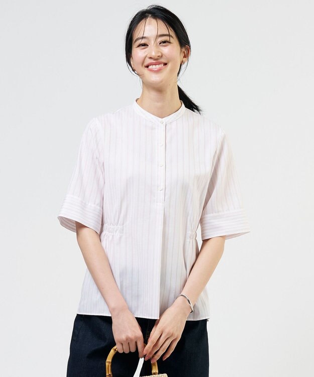 J.PRESS LADIES 【シーンレスに活躍】セルロースカラミストライプ バンドカラー ブラウス ホワイト×ピンク系