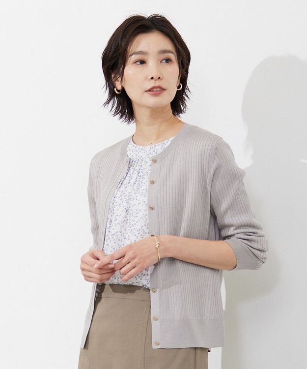 J.PRESS LADIES 【洗える・イージーケア】 SYNTHETIC BASIC ワイドリブ クルーネック カーディガン ライトグレー系