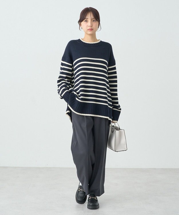 earth music&ecology ウォッシャブルスリットチュニック Border Navy
