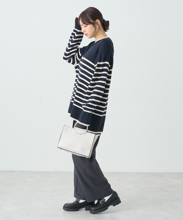 earth music&ecology ウォッシャブルスリットチュニック Border Navy