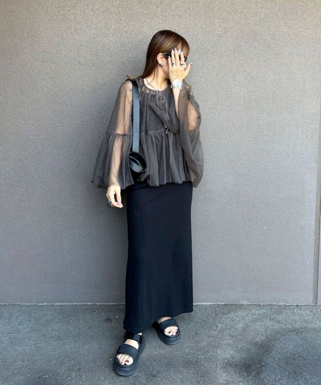 Green Parks リボンチュールデザインブラウス Khaki