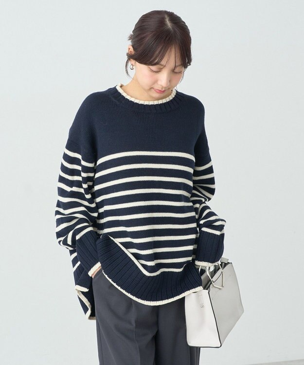 earth music&ecology ウォッシャブルスリットチュニック Border Navy