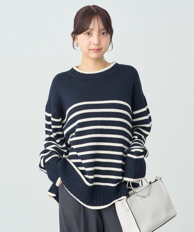 earth music&ecology ウォッシャブルスリットチュニック Border Navy