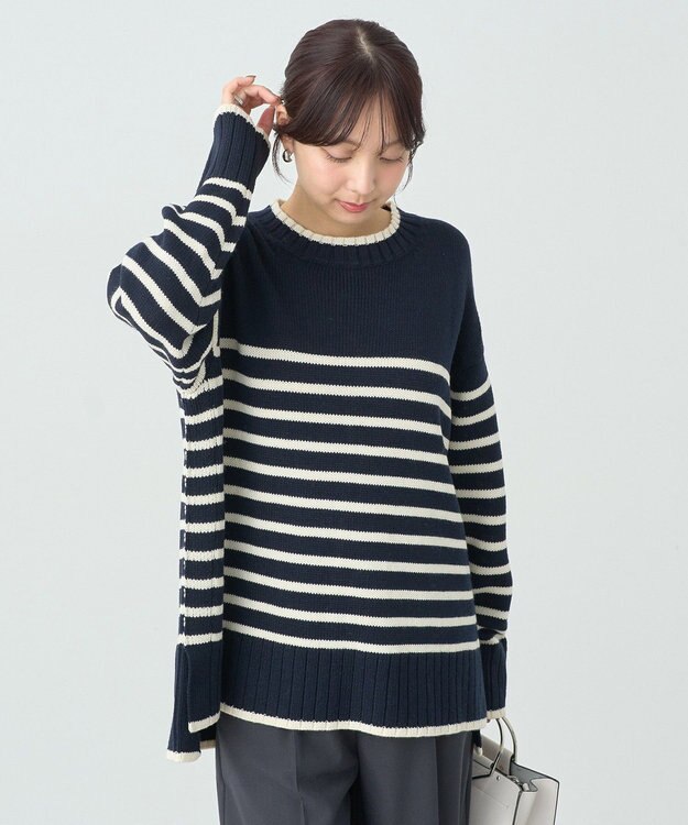earth music&ecology ウォッシャブルスリットチュニック Border Navy
