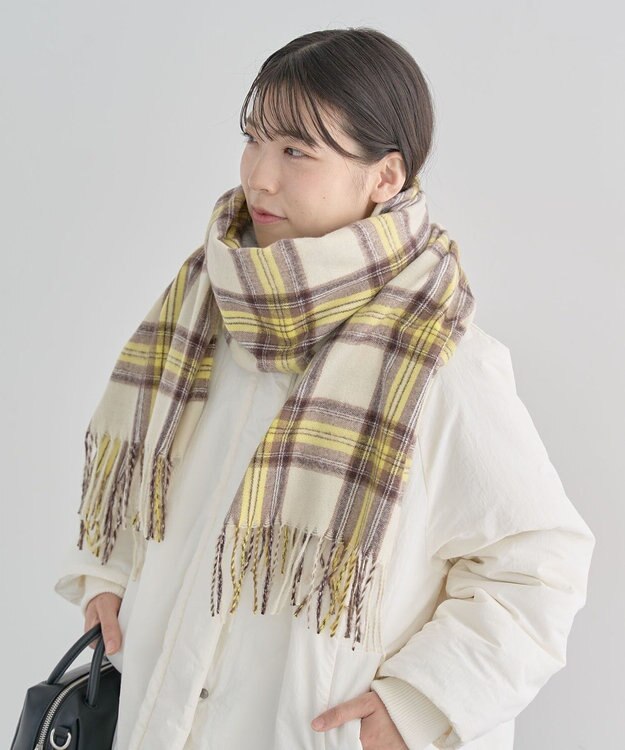 Green Parks カシミヤライクチェックストール Yellow
