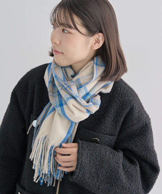 Green Parks カシミヤライクチェックストール Sax